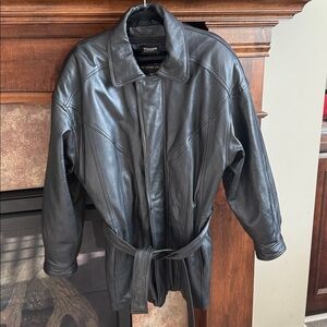 Wilson black leather jacket coat Thinsulate removable lining tie waist size S